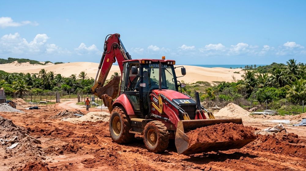 Retroescavadeira vermelha da Bahia Sul Locações em canteiro de obras na Bahia