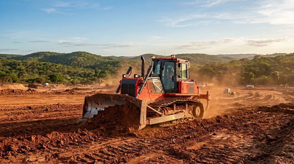 Trator de esteira vermelho da Bahia Sul fazendo terraplanagem em terreno na Bahia